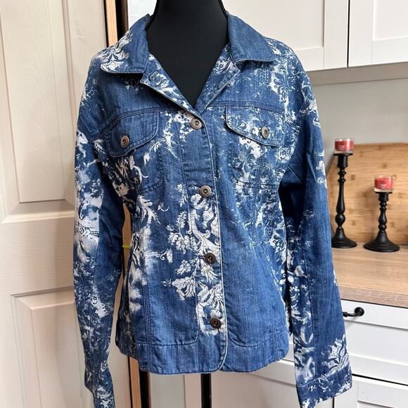 Chico’s Womens Size 1 US 8 M Floral Boho Denim Jacket 100% Cotton Blue Jean NWOT - Picture 1 of 11